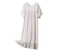 Mrat Nightdress for Ladies Women Cotton Short Sleeve Floral Print Nightie Ultra Soft Nightshirts Sleepwear Comfy Nightgown Loungewear Loose Pajama Ladies Round Neck Baggy Homewear Nightdress