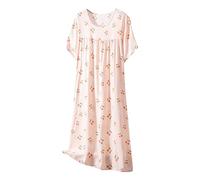 Mrat Nightdress for Ladies Women Cotton Short Sleeve Floral Print Nightie Ultra Soft Nightshirts Sleepwear Comfy Nightgown Loungewear Loose Pajama Ladies Round Neck Baggy Homewear Nightdress