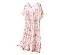 Mrat Nightdress for Ladies Women Cotton Short Sleeve Floral Print Nightie Ultra Soft Nightshirts Sleepwear Comfy Nightgown Loungewear Loose Pajama Ladies Round Neck Baggy Homewear Nightdress