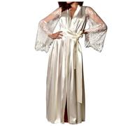 Mrat Nightdress for Ladies Women Satin Long Sleeve Floral Print Nightie Ultra Soft Nightshirts Sleepwear Comfy Nightgown Loungewear Loose Fit Pajama Ladies V Neck Baggy Homewear Nightdress