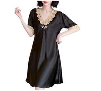 Mrat Nightdress for Women Uk Sexy Lace Trim Nightgown Silky Satin Chemise Slip Midi Dress Ladies Elegant Short Sleeve V Neck Pajamas Nightie Nightshirts with Tie Soft Comfy Nightwear Homewear Black