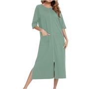 Mrat Nightdresses For Women Uk 3/4 Sleeves Loose Casual Nightie Comfy Lightweight Bathrobe V Neck Soft Dressgown Full Zip Pockets Sleepwear Pyjamas Loungewear Nightgown Duster Housecoat
