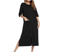 Mrat Nightdresses For Women Uk 3/4 Sleeves Loose Casual Nightie Comfy Lightweight Bathrobe V Neck Soft Dressgown Full Zip Pockets Sleepwear Pyjamas Loungewear Nightgown Duster Housecoat