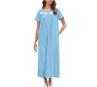 Mrat Nightgowns for Womens Long Nightdresses Ladies Elegant Front Pleated Nighties Crew Neck Solid Color Nightshirts Comfy Soft Summer Loungewear Sleepwear Homewear Oversized Sleep Tunic Dress