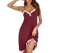 Mrat Nighties for Women UK Sexy Sleeveless Spaghetti Strap Nightdress Ladies Pleated V Neck Lace Chemise Nightshirt Soft Comfy Sleepwear Nightwear Jersey Pajamas Lingerie Mini Sleep Dress Solid Color