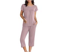 Mrat Pajamas Women Two Pieces Pyjamas Outfits Short Sleeve Shirt Capri Pants with Pockets Nightwear Casual Pants Solid Color Co Ord Pjs Sets Lounge Wear Sets Lightweight Soft Sleepwear