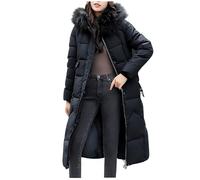 Mrat Puffer Coat for Women UK Longline Padded Maxi Down Coats with Faux Fur Hood Winter Warm Thickened Quilted Parka Jacket Ladies Windproof Long Overcoat Loose Fit Windbreaker Jackets Outerwear M-4XL