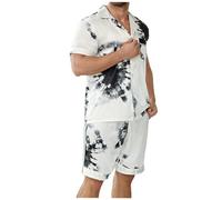 Mrat Pyjama Set for Men Silk Satin Pjs Set Two Piece Outfits Button Down Short Sleeve Lapel Shirt Tops Wide Leg Bottom Soft Classic Sleepwear Pjs Sets Nightwear Co Ord Sets Lightweight Loose Suit