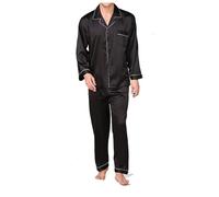 Mrat Pyjama Set for Men Silk Satin Pjs Sets Two Piece Loungewear Sets Nightwear Sleepwear Co Ord Solid Color Long Sleeve Button Lapel Shirt Tops Wide Leg Loose Pants Comfy Homewear