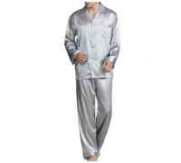 Mrat Pyjama Set for Men Silk Satin Pjs Sets Two Piece Loungewear Sets Nightwear Sleepwear Co Ord Solid Color Long Sleeve Button Lapel Shirt Tops Wide Leg Loose Pants Comfy Homewear
