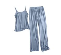Mrat Pyjamas for Women 2 Pieces Outfits Modal Cotton Sleepwear Loungewear Pjs Set Ladies Elegant Spaghetti Strap Sleeveless Cami Tops and Drawstring Wide Leg Pants Solid Color Loose Nightwear Homewear