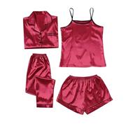 Mrat Pyjamas Set for Women Silk 4pcs PJs Satin Long Sleeve Sleepwear Sets Button Down Nightshirt and Sexy Cami Vest Top Short and Trousers Bridesmaid Pj Set Soft Loungewear Pjs Homewear Nightwear