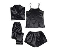 Mrat Pyjamas Set for Women Silk 4pcs PJs Satin Long Sleeve Sleepwear Sets Button Down Nightshirt and Sexy Cami Vest Top Short and Trousers Bridesmaid Pj Set Soft Loungewear Pjs Homewear Nightwear