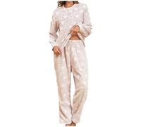 Mrat Pyjamas Sets for Women Uk Flannel Fleece Two Pieces Outfits Winter Warm Fuzzy Fleece Pjs Sets Heart Graphic Fluffy Pyjamas Ladies Long Sleeve Tops Wide Leg Trousers Nightwear Sleepwear