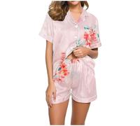 Mrat Pyjamas Women Uk Satin PyjamasSet Floral Print Two Pieces Pjs Short Sleeve Lapel Button Tops Loose Tight Short Pants Ladies Silk Casual Soft Comfy Nightwear Sleepwear Loungewear