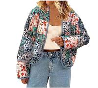 Mrat Quilted Jacket Womens Cropped Puffer Jacket Lightweight Vintage Padded Long Sleeve Cardigan Floral Printed Coats Ladies Open Front Short Coats Y2k Loose Comfy Jackets Outwear Festival