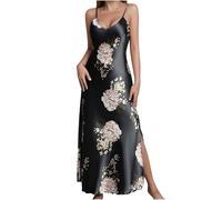 Mrat Satin Nightdresses for Women UK Sexy Spaghetti Strap Chemise Silk Nighties Full Slips Sleepwear Lingerie Floral Print Soft Ladies Night Dress Nighty V Neck Negligees Pyjamas Nightwear Nightgown