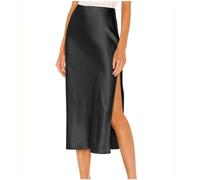 Mrat Satin Skirts for Women Elastic Waistband High Waist Elegant Skirt Ladies Side Split Summer Casual Midi Skirt Silky Flowy Long A-Line Skirts Business Work Office Club UK Size 8 10 12 14