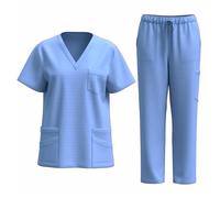 Mrat Scrub Sets Women Uniform 2Pc Tunic Top and Pant Medical Workwear Short Sleeves V Neck Shirts Pockets Drawstring Wide Leg Trousers Nursing Work Cosmetology SPA Pet Groomer Healthcare Beauty Center