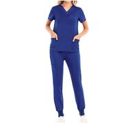 Mrat Scrubs Set for Women Uk Stretch Short Sleeve V-Neck Scrub Tunics Top & Jogger Trouser Pants with Pockets Medical Doctor Uniform Nursing Work Wear Hospital Beauty Center Yoga Quick-Drying