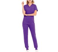 Mrat Scrubs Set Women Uk Stretch Short Sleeve V-Neck Scrub Tunics Top & Jogger Trouser Pants with Pockets Medical Doctor Uniform Nursing Work Wear Hospital Beauty Center Yoga Quick-Drying