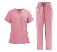Mrat Scrubs Uniforms Women Uk Unisex Medical Uniform 2 Piece Full Set Short Sleeve V Neck Tunic Tops with Pockets Drawstring Straight Leg Pants Workwear Healthcare Cosmetology Pet Shop Beauty Hospital
