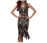 Mrat Sequin Fringed Dress for Women UK Sparkly 1920s Tassel Flapper Fancy Dress Shiny Short Sleeve V Neck Vintage Beaded Art Deco Gatsby Cocktail with Sleeve Club Wedding Party S-4XL