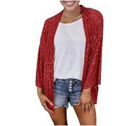 Mrat Sequin Jackets For Women Sparkle Lightweight Jacket Party Clubwear Glitter Shrug Sequin Cardigan Ladies 3/4 Sleeve Cardigans Loose Fit Shirts Shimmer Metallic Open Front Tops Festival Outfit Sale