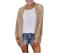 Mrat Sequin Jackets For Women Sparkle Lightweight Jacket Party Clubwear Glitter Shrug Sequin Cardigan Ladies 3/4 Sleeve Cardigans Loose Fit Shirts Shimmer Metallic Open Front Tops Festival Outfit Sale