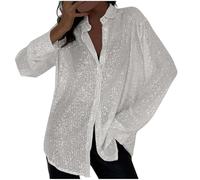 Mrat Sequin Tops for Women UK Sparkly Long Sleeve Lapel Blouse Shirts Shiny Oversized Tops Glitter Button Down Ladies Loose Fit Shirts Slim Pullover Blouse Evening Party Clubwear Going Out