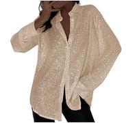 Mrat Sequin Tops for Women UK Sparkly Long Sleeve Lapel Blouse Shirts Shiny Oversized Tops Glitter Button Down Ladies Loose Fit Shirts Slim Pullover Blouse Evening Party Clubwear Going Out
