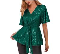 Mrat Sequin Tops for Women UK Sparkly Sexy Elegant Party Costume Glitter Ruched Wrap Top with Belt Short Sleeve V Neck Tshirt Ladies Dressy Clubwear Shiny Top Metallic Peplum Blouse Cocktail
