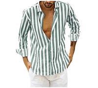 Mrat Shirts Men Long Sleeve Button Down Casual Shirts Striped Summer Hawaiian Lapel Blouses Linen Regular Fit Holiday Beach Tee Henley Shirt Holiday Vacation UK Size 8-22 Adult 5XL