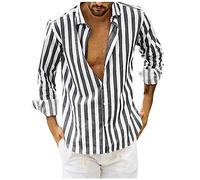 Mrat Shirts Men Long Sleeve Button Down Casual Shirts Striped Summer Hawaiian Lapel Blouses Linen Regular Fit Holiday Beach Tee Henley Shirt Holiday Vacation UK Size 8-22 Adult 5XL