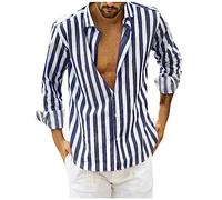 Mrat Shirts Men Long Sleeve Button Down Casual Shirts Striped Summer Hawaiian Lapel Blouses Linen Regular Fit Holiday Beach Tee Henley Shirt Holiday Vacation UK Size 8-22 Adult 5XL
