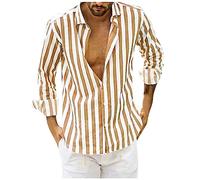 Mrat Shirts Men Long Sleeve Button Down Casual Shirts Striped Summer Hawaiian Lapel Blouses Linen Shirts Regular Fit Holiday Beach Tee Henley Shirt Holiday Vacation UK Size 8-22 Clearance Adult 5XL