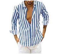 Mrat Shirts Men Long Sleeve Button Down Casual Shirts Striped Summer Hawaiian Lapel Blouses Linen Shirts Regular Fit Holiday Beach Tee Henley Shirt Holiday Vacation UK Size 8-22 Clearance Adult 5XL