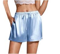 Mrat Shorts for Women UK Satin Silk Pyjamas Bottoms Drawstring Elastic Waist Shorts Pockets Loungewear Sleepwear Homewear Lingerie Briefs Panties Pj Hotpants Wide Leg Pant Loose Culotte Nightwear