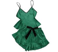 Mrat Silk Women Pajamas Set Sexy Satin Ruffle Pyjamas 2 Piece Sleepwear Camisole Lingerie Sexy Cami and Drawstring Shorts Ladies Pjs Set Lounge Nightwear Soft Comfy Sets Homewear