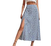 Mrat Skirt for Women UK Sexy Boho Floral Midi Skirts Side Slit Mid Elastic Waist Skirts Swing Casual A-line Skirt Ladies Elegant Summer Beach Slim Fit Dress Bodycon Clubwear Party Y2K Vacation