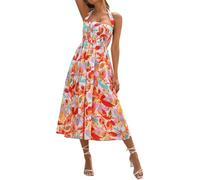 Mrat Skirts for Women UK 2 in 1 Vintage Maxi Skirt Floral Pleated Elastic High Waist Skirts Boho Elegant A-Line Beach Long Dresses Summer Casual Drawstring Halter Neck Swing Skirt Party Holiday