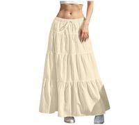 Mrat Skirts for Women UK Drawstring Elastic High Waist Maxi Skirts Pleated A Line Skirt Ladies Elegant Tiered Flowy Summer Casual Skirt Solid Color Loose Casual Dress Swing Ruffle Party Wedding Guest