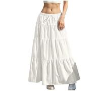 Mrat Skirts for Women UK Drawstring Elastic High Waist Maxi Skirts Pleated A Line Skirt Ladies Elegant Tiered Flowy Summer Casual Skirt Solid Color Loose Casual Dress Swing Ruffle Party Wedding Guest