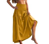 Mrat Skirts for Women Uk Summer Boho Maxi Skirt Ladies Elegant Vintage Solid Color Skirts A Line Swing Long Dresses High Elastic Waist Pleated Skirt Gypsy with 2 Pockets Cotton Vacation Going Out Sale