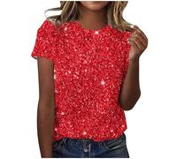 Mrat Sparkly Tops (No Sequin) for Women UK Sequins Print Tunic Tops Short Sleeve Round Neck Shirts Shiny Comfy Ladies Casual Blouse Elegant Gradient Blouses Loose Fit Casual Pullover Size 16