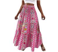 Mrat Summer Boho Midi Skirt Vintage Floral Print Gypsy Skirts Long Summer Dresses for Beach Holiday A Line High Elastic Waist Skirts Ladies Elegant Bohemian Pleated Ruffle Flowy Swing Maxi Skirt Sale