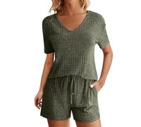 Mrat Summer Clothes Sets for Women 2 Piece Outfits V Neck Short Sleeve T Shirts Tops Drawstring Wide Leg Cycling Shorts With Pocket Set Ladies Ribbed Nightwear Pajamas Summer Loungewear Sleepwear