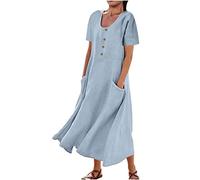 Mrat Summer Cotton Linen Maxi Dress Round Neck Short Sleeve Casual Long Dress with Pockets Crewneck Loose Sun Dresses Elegant Dance Gown Tunic Dresses Cover Ups Solid Baggy Flowy Pleated Dress Beach