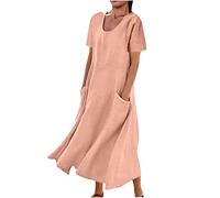 Mrat Summer Cotton Linen Maxi Dress Round Neck Short Sleeve Casual Long Dress with Pockets Crewneck Loose Sun Dresses Elegant Dance Gown Tunic Dresses Cover Ups Solid Baggy Flowy Pleated Dress Beach
