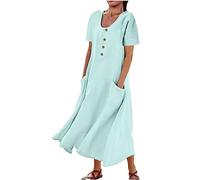 Mrat Summer Cotton Linen Maxi Dress Round Neck Short Sleeve Casual Long Dress with Pockets Crewneck Loose Sun Dresses Elegant Dance Gown Tunic Dresses Cover Ups Solid Baggy Flowy Pleated Beach